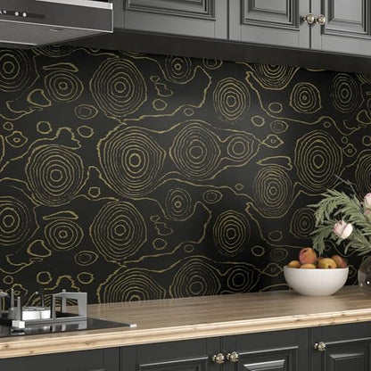 Black Wood Contact Paper for Countertops Gold Growth Ring Wood Wallpaper Removable Self Adhesive Vintage Stick on Wallpaper for Cabinets Table Walls Wooden Grain Wall Covering 15.75"x78"