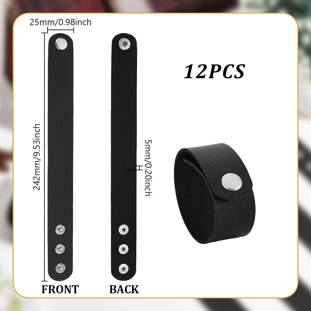 AHANDMAKER 12Pcs Plain Punk Leather Bracelets, Black Snap Bracelets, Blank PU Leather Cuff Wristband DIY Craft Wristbands for DIY Craft Jewelry Making, Customizing Bangle, 9.53x0.98 Inch