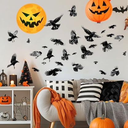 Halloween Decoration Decals for Wall Scary Indoor Halloween Sticker Decor Moon Crow Sticker Halloweens Window Decal Peel and Stick Black Crow Art Murals for Living Room Bedroom Haunted House Supplies