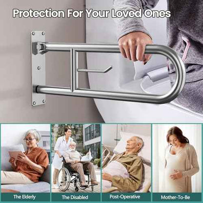23.6 Inch Foldable Toilet Grab Bars, Bathroom Stainless Steel Handrails with Paper Holder, Handicapped Flip-Up Handles, Senior Safety Rails, Wall Mounted Hand Grips, for Elderly, Disabled, Pregnant