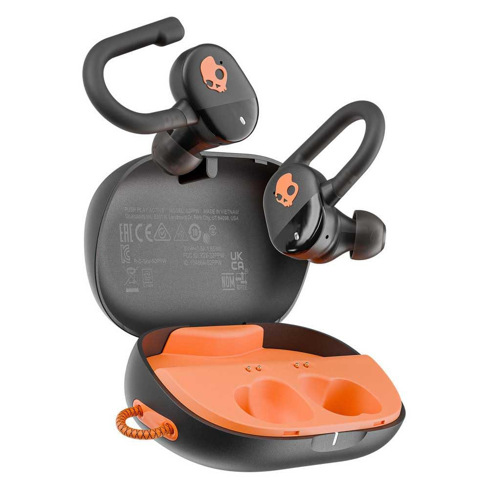 Skullcandy Push Play Active Wireless Earbuds, Bluetooth Headphones, Noise Isolating Fit, 34 Hrs Battery, Secure-Fit Over-Ear Hanger, Sweat Water Resistant, Microphone for iPhone Android - Black/Orange