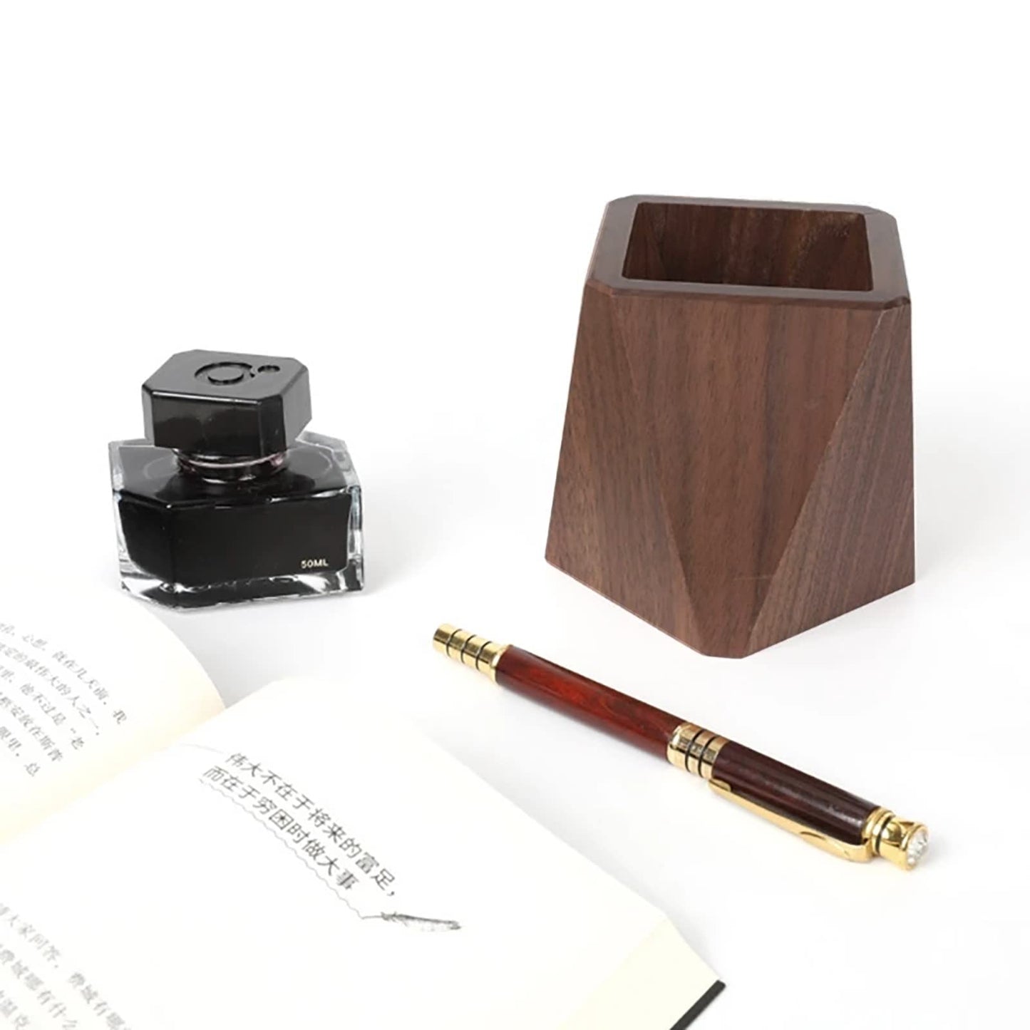 Soseelnee Black Walnut Wooden Pencil Box, Multiple-Use Desk Writing Stationary Organizer Wood Pen Holder Cups Office School Supplies Storage (Prismatic Shape)