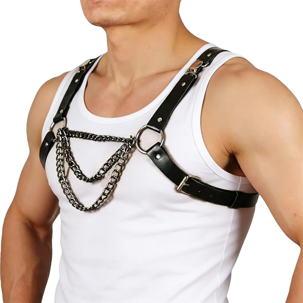 Pfylinqo Men's Sexy PU Leather Chest Harness with Metal Chains, Adjustable Punk Gothic Body Harness for Cosplay Halloween, Festival & Nightclub Outfits