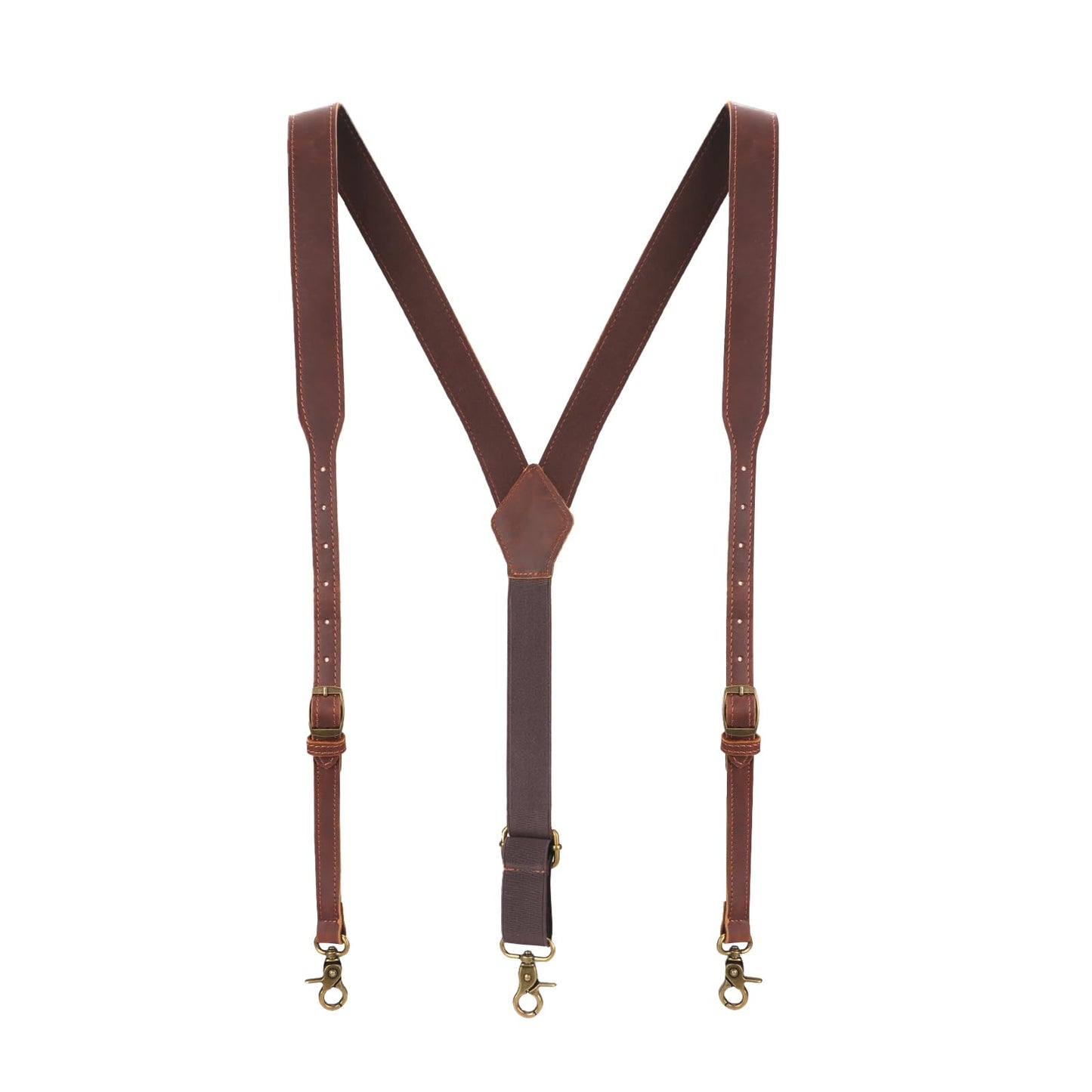 Tourbon Genuine Leather Suspenders for Men Heavy Duty Y Back Design Adjustable Straps with 3 Metal Snap Hooks, Brown