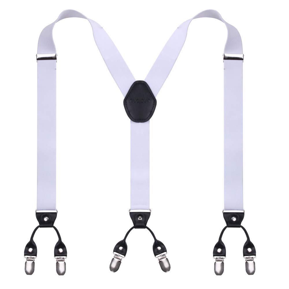 GHCHOL Mens Suspenders with Strong Metal 6 Clips Adjustable Elastic Y Style Leather Suspender for Wedding (White)