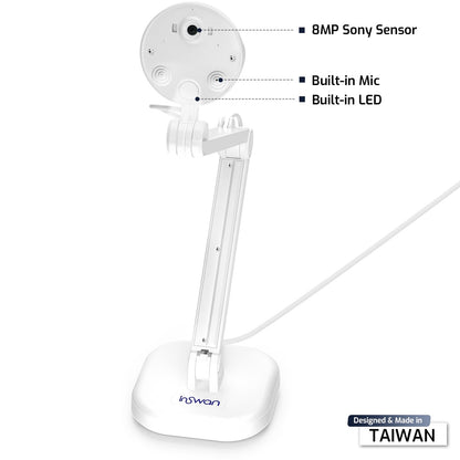 INSWAN INS-1 USB Document Camera — 8MP Ultra HD, Auto Focus, LED , Built-in Mic, Windows, Mac, iPad, Chromebook Compatible for Distance Learning, Remote Teaching, Web Conferencing, Live Demo