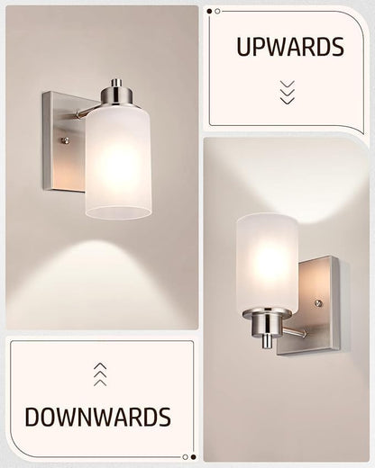 3 Pack Modern Bath Vanity Light Fixture 1-Light, Indoor Bathroom Wall Sconces for Living Room, Porch, Bedside, Brushed Nickel Finish with White Frosted Glass Shades Wall Mounted Lights