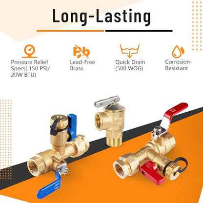 (Set of 1 Kit) HeSun 3/4" FIP X 3/4" FIP IPS Isolator Tankless Water Heater Service Valve Kit, with Pressure Relief Valve