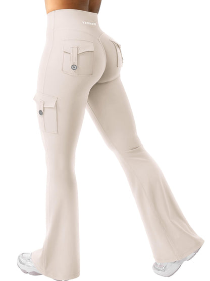 YEOREO CoreFlex Women Workout Flare Leggings with Pockets Hidden Scrunch Cargo Gym Yoga No Front Seam Leggings Light Khaki M