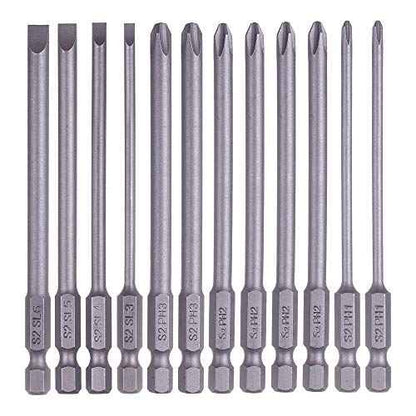Rocaris 12 Pack 1/4 Inch Hex Shank Long Magnetic Screwdriver Bits Set 4 in Power Tools (Slotted+Cross Head)