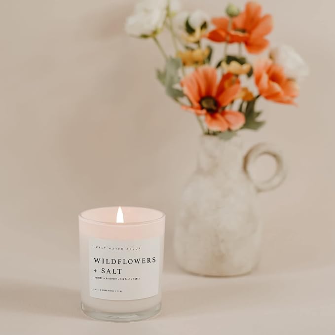 Sweet Water Decor Wildflowers and Salt Soy Candle - Jasmine, Rosemary, Sea Salt, and Honey Scented Spring Candle for Home - 11oz Jar Candle with Wood Lid, 50+ Hour Burn Time, Made in The USA