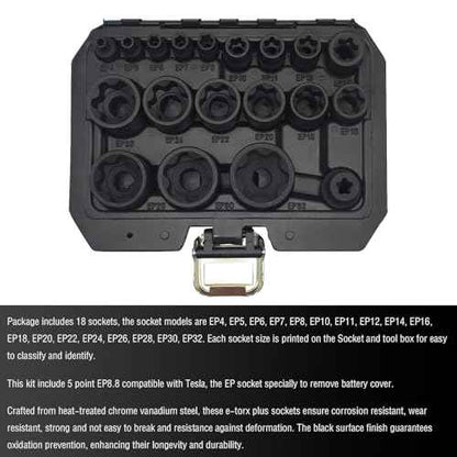 19Pcs External Torx Plus Socket Set 6 Point EP Socket Compatible with Tesla, 1/2¡± 3/8¡± 1/4'' Drive Female External E-Torx Plus Socket, High Deformation Prevention Puller Tool