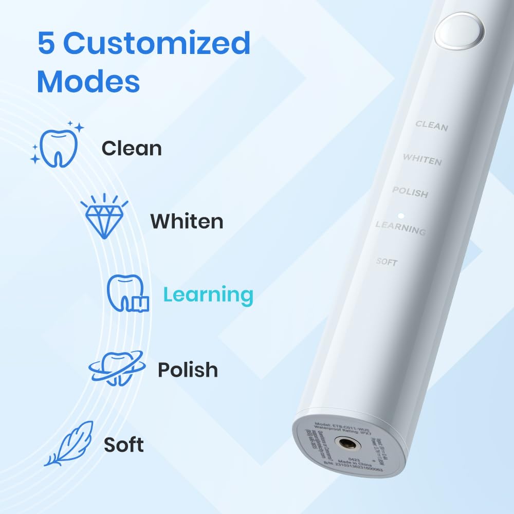 Etekcity Unisex Electric Toothbrush for Adults and Kids, Corded, White, 5 Modes, 2-Minute Timer, 3-Hour Battery Life, Travel Case