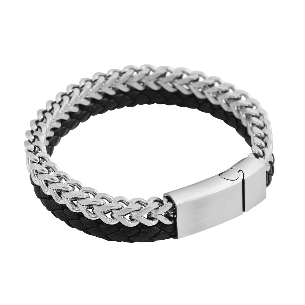 Edforce Stainless Steel Men's Two-Strand Braided Genuine Leather and Franco Curb Chain Bracelet (Silver)