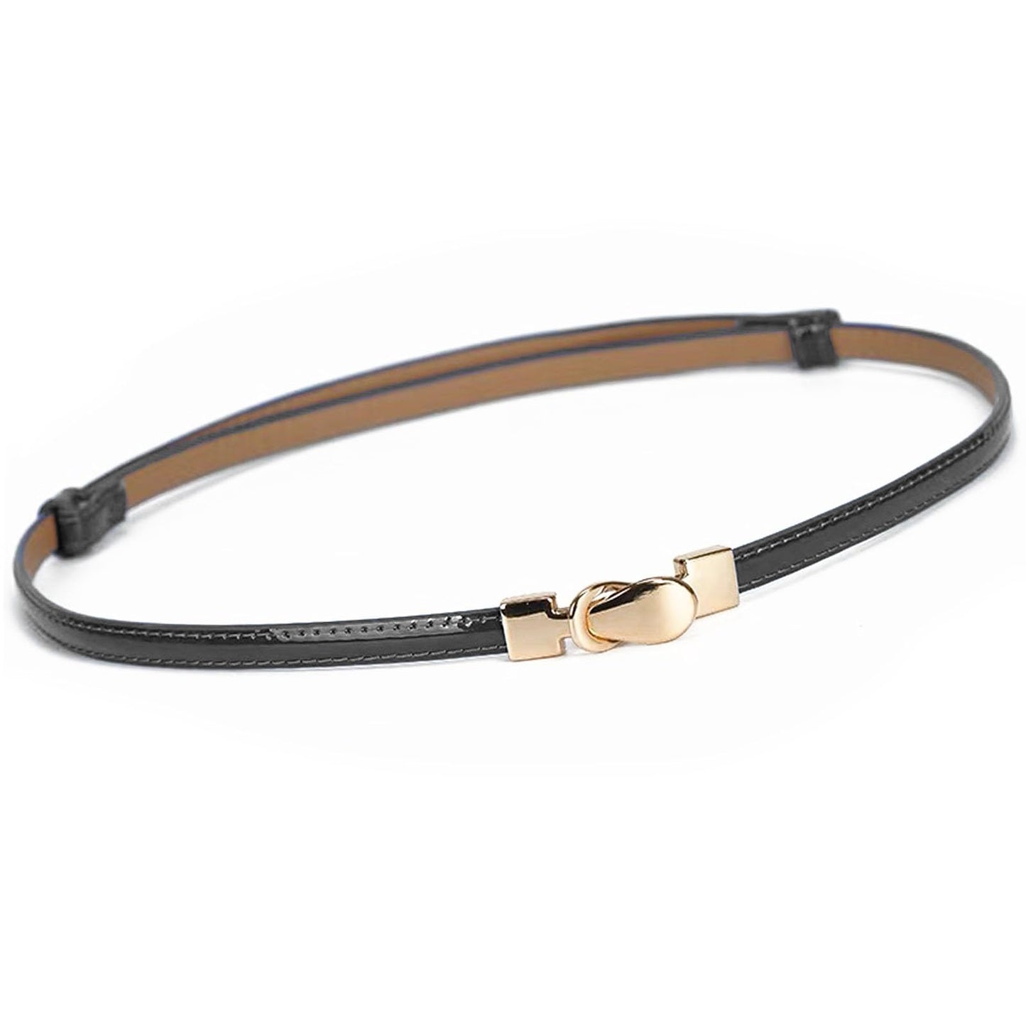ORUIVO Stylish Skinny Cowhide Split Leather Belt - Shiny Patent Leather with Gold Metal Buckle & Adjustable Fit (black, one size, Square buckle)