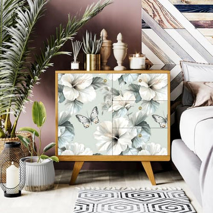Floral Peel and Stick Wallpaper White Flower Contact Paper 16.9inch x 196.8inch Oil Painting Modern Wall Paper Butterfly Removable Large Floral Decorative Wallpaper Flower Waterproof Vinyl