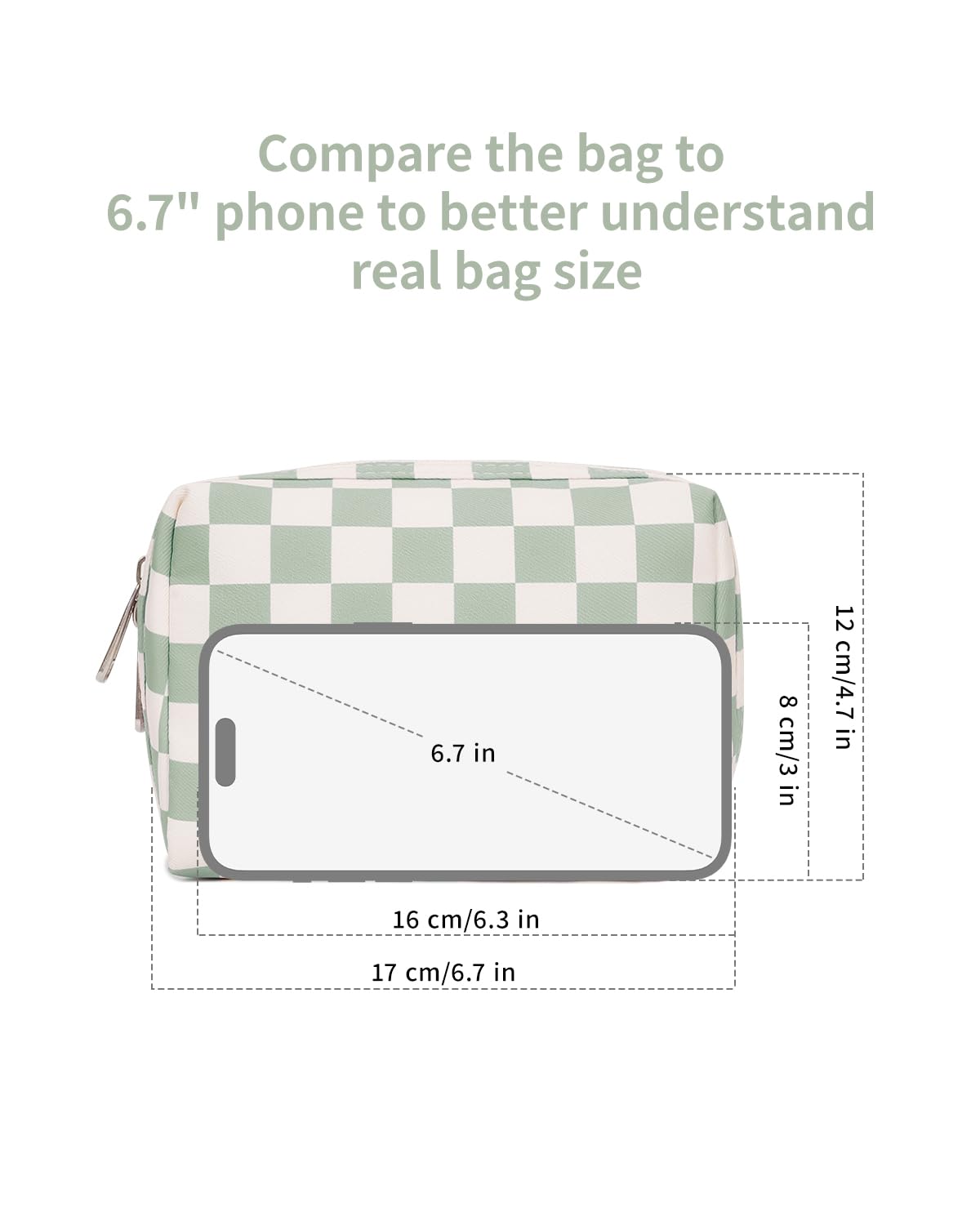 Narwey Small Checkered Makeup Bag for Purse Mini Cosmetic Bag Travel Makeup Pouch Zipper Pouch Cute Make up Bags with Compartments for Women Girls (Mint Green Checkerboard, Small)