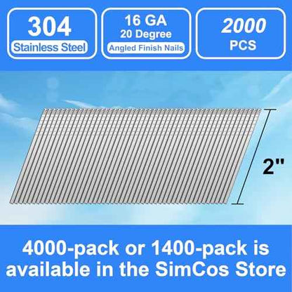 16 Gauge Angled Finish Nails 304 Stainless Steel, (1-1/4", 1-1/2", 2", 2-1/2"), 20-Degree,Assorted Size Project Pack for Pneumatic, Electric Finish Nailer or Nail Gun (2 inch)