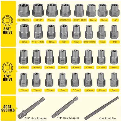 TOPEC Bolt Extractor Kit, 35-Piece Stripped Bolt Extractor Socket Set, 1/4" & 3/8" Drive Easy Out Socket Set, Nut Remover for Removing Broken, Rusted, Rounded Fasteners