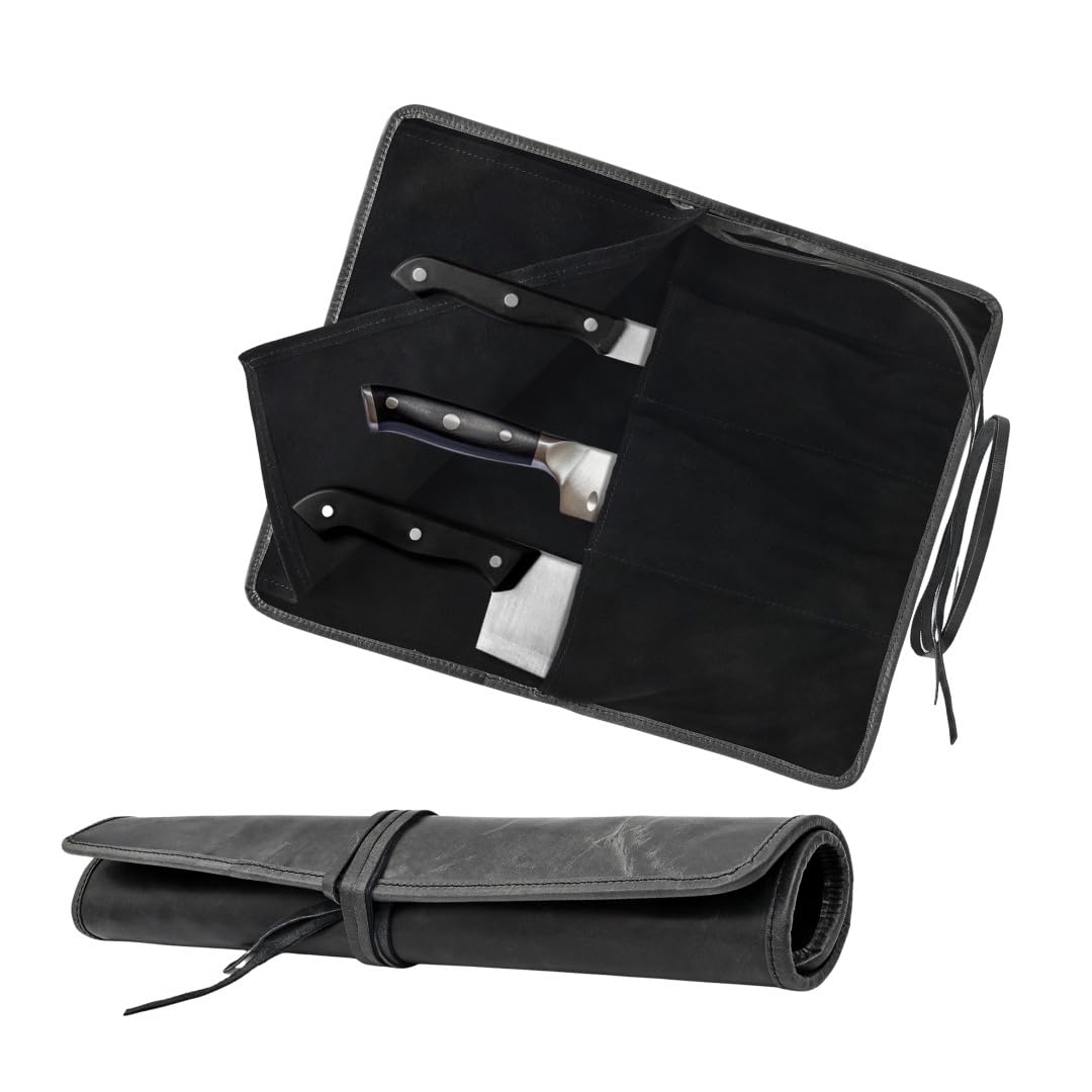 Autentico Genuine Buffalo Leather Small Knife Case Holder Chef's Knife Roll Holder Cutlery Sheath Carrying Case Organizer Storage Bag Travel Friendly Artist Gift for Men & Women Teak