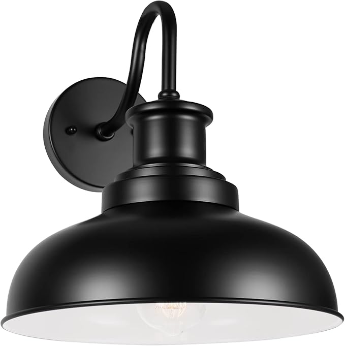 Outdoor Gooseneck Barn Light Outdoor Wall Sconce Farmhouse Exterior Wall Mount Light Vintage Outside Lighting Fixture Industrial Black White Lantern for Porch, Entryway, Garage, 1 Pack