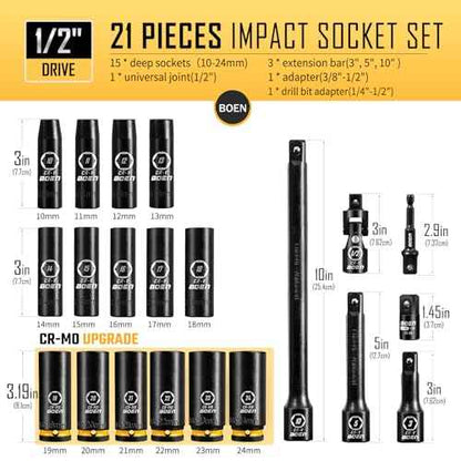 BOEN Pro 1/2" Drive Metric Deep Impact Socket Set, 21-Piece CR-MO &CR-V Steel, Upgraded Torque & Durability, 10mm-24mm, Includes Extension Bars, Universal Joint, Adapter ? Meets ANSI
