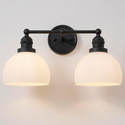2-Light Wall Sconces,Black Double Bathroom Vanity Light with Milk Glass Minimalist Farmhouse Wall Sconce Light Lamp for Bathroom Mirror Living Room Bedroom Kitchen E26 Hardwire Indoor