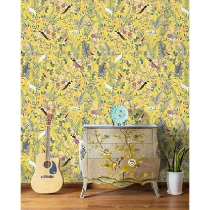 HAOKHOME Peel and Stick Wallpaper Yellow Botanical Bird Chinoiserie Vintage Wall Paper Self Adhesive Contact Paper for Accent Wall Shelf Liner 17.3in x 9.8ft