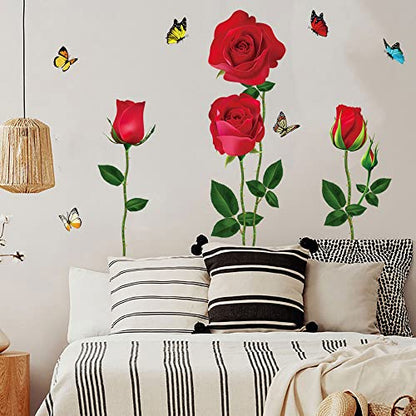 Romantic Red Rose Flower Wall Stickers Butterfly Floral Wall Decals DIY Wall Art Murals for Girls Woman Wedding Room Bedroom Bedside Backdrop Decorations