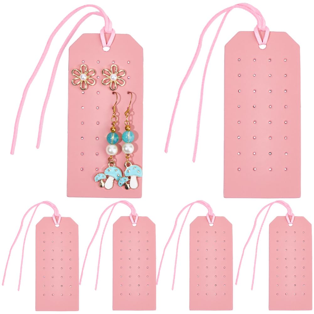 CALFOVERA 6Pcs Rectangle Pierced Stud Display Cards 32 Holes Portable PU Leather Earring Holders 4.3x2.2 Inch Earring Organizer Hanging Case with Cord for Women Travel Jewlery Storage (Pink)