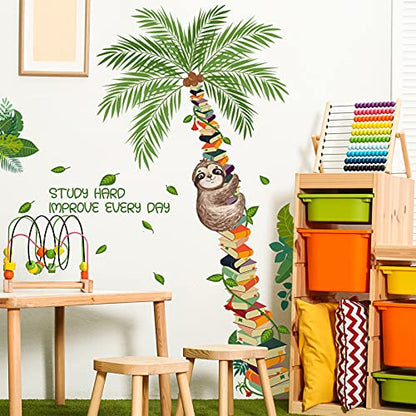 Book Tree Plants Sloth Wall Sticker, Cute Sloth Climbing on The Tree Wall Decal, Removable DIY Vinyl Mural Art Wallpaper D?cor for Reading Room Kids Bedroom Nursery Classroom