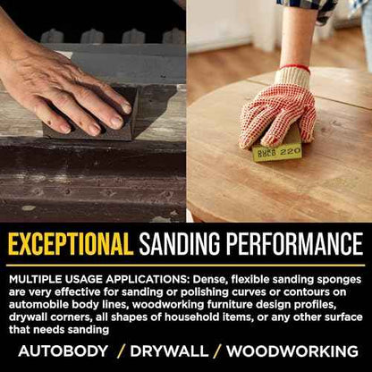 Dura-Gold 220 Grit 4-Sided Hand Sanding Block Sponges, Box of 6 - Performance Flex 3.9" x 2.75" x 1" Wet or Dry Flexible Sandpaper Abrasive Brick Pads, Reusable - Sand Wood, Drywall, Metal, Auto Paint
