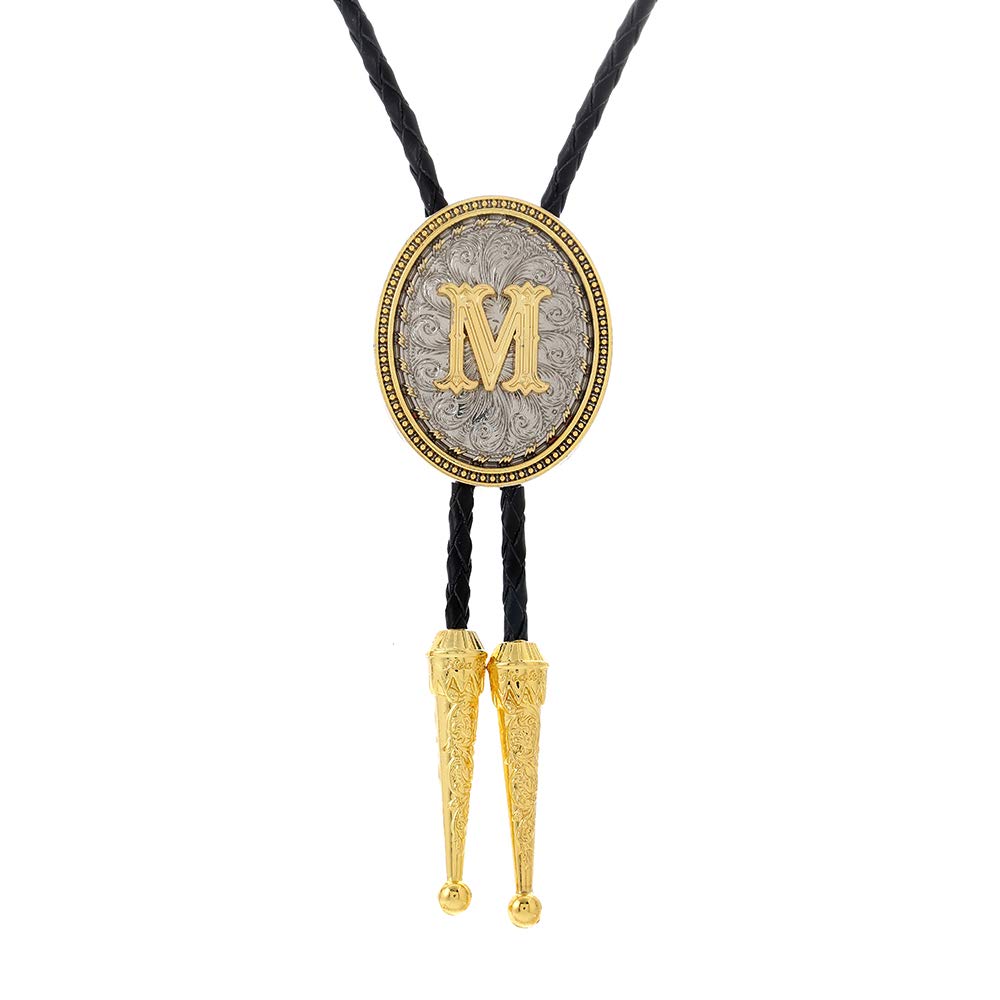HOEACXY Initial Bolo Tie for Men Leather Cowboy Necktie Letter M Name Bola Accessories Personalized Gift for Him