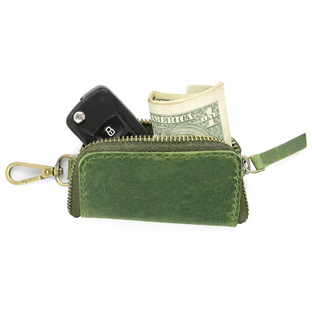 Handmade Full Grain Leather Car Key Holder & Zippered Coin Purse | Belt Loop Key Chain, Compact Earphone Holder Multi-Functional Money Purse Elegant Leather Accessory Versatile Key Organizer (Green)