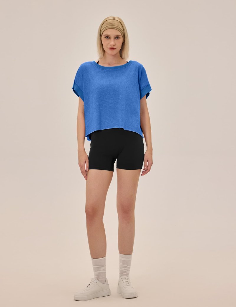 UNIANKIYA Open Back Workout Tops for Women Loose Fit Athletic Crop Tee Short Sleeve Gym Running Yoga Shirt Blue