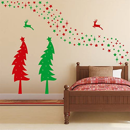Large Christmas Tree Wall Stickers Vinyl Red Green Pine Tree Wall Decals Peel and Stick Stars Xmas Trees Stickers Removable Christmas Windows Walls Decorations Winter Holiday Party Supplies