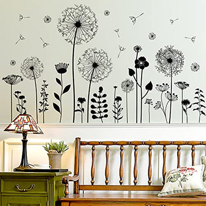 Large Dandelion Wall Stickers, Attractive Flying Flowers Wall Decals, Removable Plants Wall D?cor, DIY Art Mural Vinyl for Bedroom Living Room Sofa Backdrop Classroom Decoration (Black)
