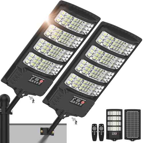 Solar Lights Outdoor Waterproof - Super Bright Solar Street Lights Outdoor Dusk to Dawn with Motion Sensor and Remote Control, Wide Angle Commercial LED Street Light IP67 Waterproof 2 Packs