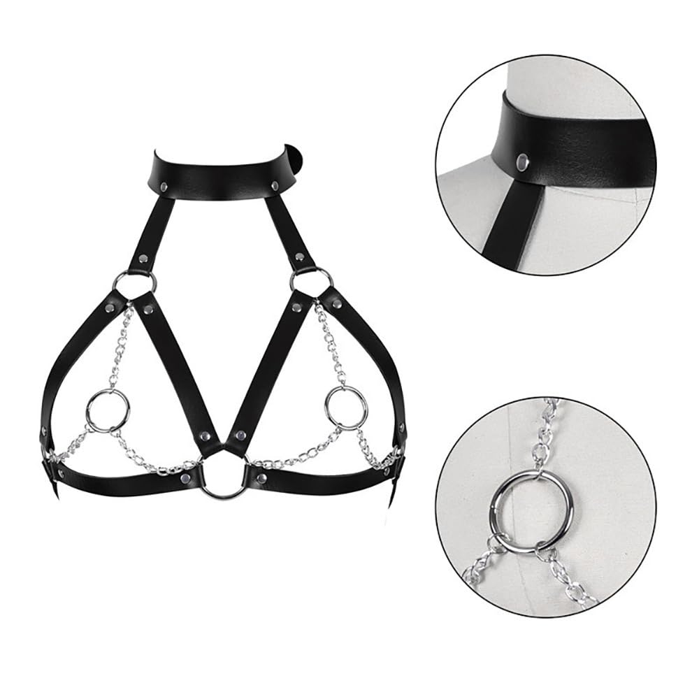 Leather Bra CageStyle Shoulder Strap,Chest Harness for Women Fashion Goth,Punk Black Leather Chest Harness Body Waist Chain Belt Rave Nightclub Belly Bra Jewelry Accessor for Halloween Carnival