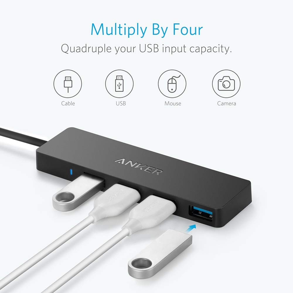 Anker 4-Port USB 3.0 Hub with 5Gbps Data Transfer, Ultra-Slim USB-C Connector Hub, for MacBook, iMac, Surface, Mobile HDD, and More (2 ft USB-C Connector, Charging Not Supported)