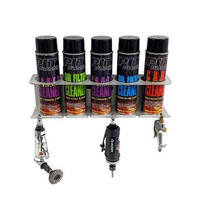 Pit Posse PP3353 Pneumatic Tool Holder Aerosol Rack Combo-Made in USA- Wall Mounted Spray Can Bottle Holder, Air Tool Organizer for Garage, Trailer,Workspace, Toy Hauler- Holds 5 cans, 6 Slots