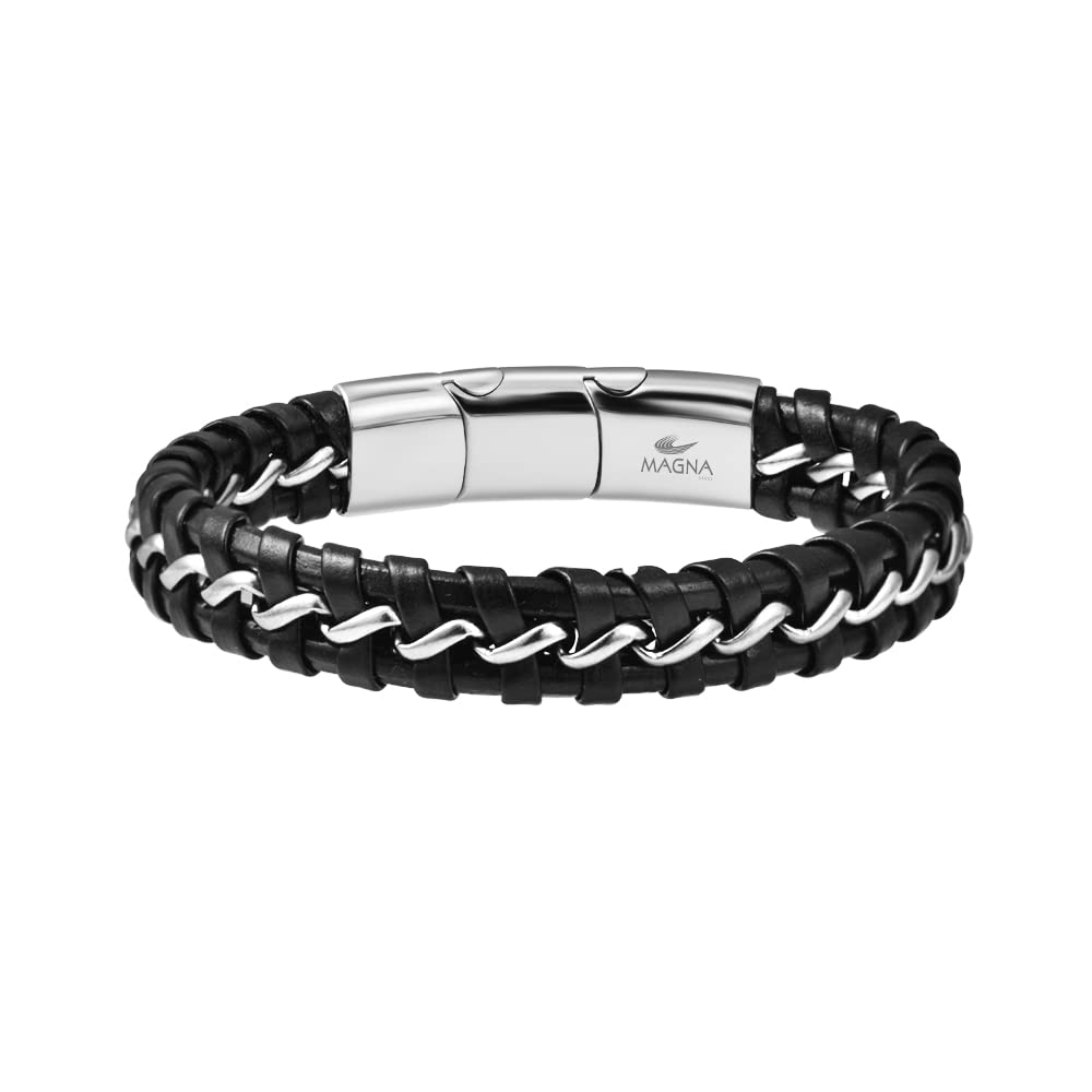 Magna Steel Men's Braided Genuine Leather Wristband Cuff Bracelet, Silver