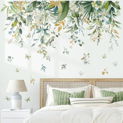 wondever Hanging Green Tropical Leaves Wall Stickers Palm Leaf Flower Plants Peel and Stick Wall Art Decals for Bedroom Living Room Sofa
