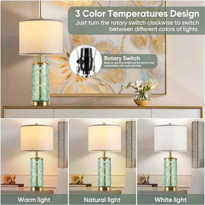QiMH Glass Table Lamp Set of 2, Modern Gold Bedside Lamp with Stereo Palm Leaves Vein Glass for Living Room, Green Nightstand Lamps for Bedroom Home Office Reading Decor(Bulbs & Shades Included)