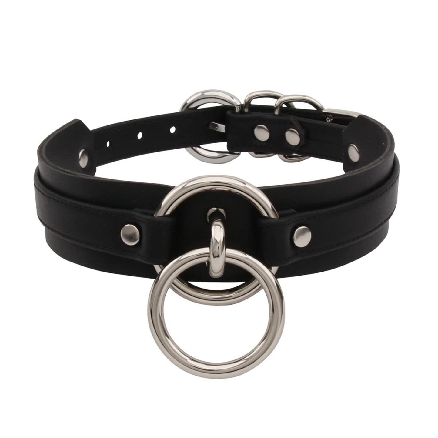 Lookook Fashion O-Ring Faux Leather Choker Necklaces Collar For Womens (Black Silver)