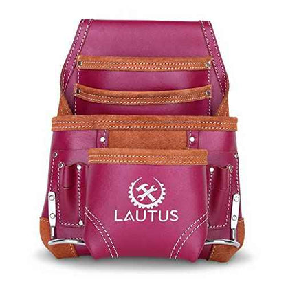 LAUTUS Oil Tanned Leather Tool Pouch Bag |Burgundy |Carpenter, Construction, Framers, Handyman | 10 Pockets, 2 Hammer Holders | 100% Leather