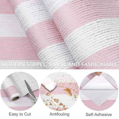 Pink Stripe Peel and Stick Wallpaper 15.7" x 118" Pink and White Self-Adhesive Wallpaper Removable Waterproof Contact Paper for Cabinets,Bedroom,Nursery,Accent Wall