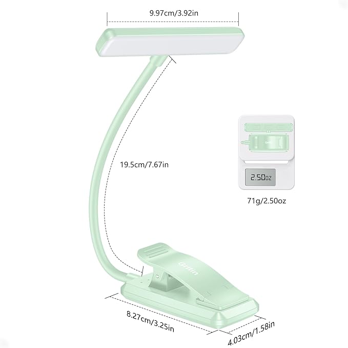 Gritin 19 LED Rechargeable Book Light for Reading in Bed with Memory Function- Eye Caring 3 Color Temperatures,Stepless Dimming Brightness,80 Hrs Runtime Clip on Light for Book Lovers-Cyan