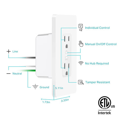 Kasa Smart Plug KP200, In-Wall Smart Home Wi-Fi Outlet Works with Alexa, Google Home & IFTTT, No Hub Required, Remote Control, ETL Certified , White, 1 Pack