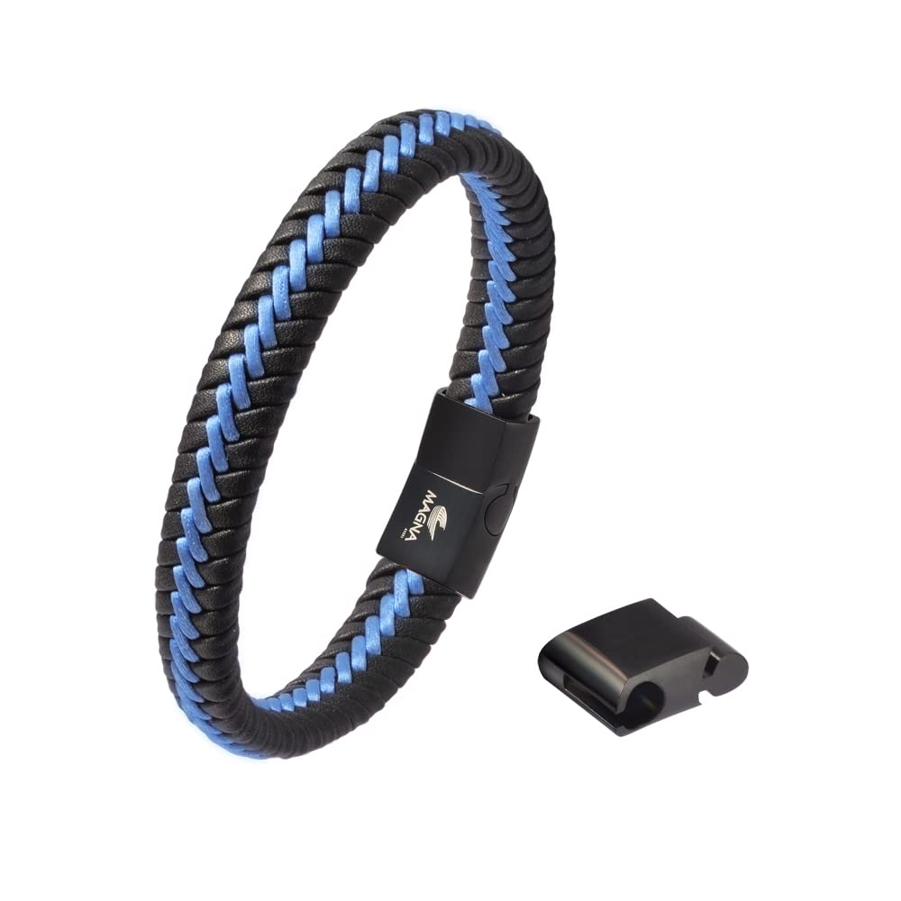 Magna Steel Men's Braided Genuine Leather Cord Bracelet, Blue